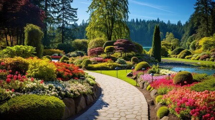 Obraz premium road in the garden ,garden full with flowers generated by AI tool 