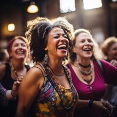 Happy elderly women enjoying a dance class, expressing their active lifestyle. AI generation