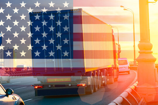 truck with sea container and flag of USA on background, cargo concept from USA