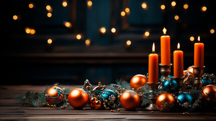 Christmas composition. A tray with lit candles, a candlestick, a fir branch and decorative balls. Evening New Year's composition with a blurred background with a garland