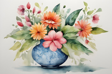 Picture of flowers in a vase, watercolor painting, bright colors, classic style.02
