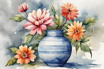 Picture of flowers in a vase, watercolor painting, bright colors, classic style.03