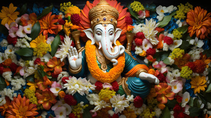 Lord Ganesha is surrounded by flowers