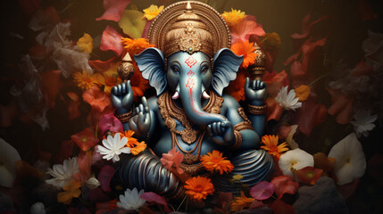 Lord Ganesha is surrounded by flowers