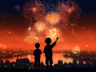 Against the backdrop of silhouettes, two boys are looking at the night sky with fireworks lit up in celebration of the New Year.