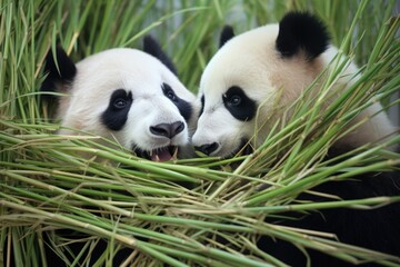 two pandas munching bamboo side by side - obrazy, fototapety, plakaty
