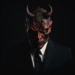 Man in devil mask on black background - obrazy, fototapety, plakaty