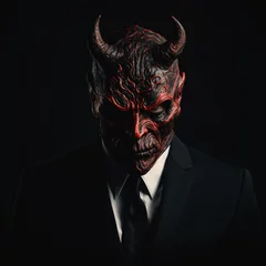 Fotobehang Man in devil mask on black background © Anaya