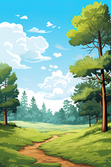 Cartoon illustration of a green forest with a clearing. Illustration for a children's book