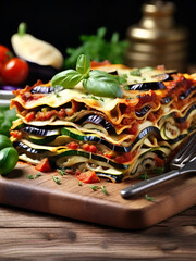 Traditional roasted vegetable lasagna with layers of eggplant and zucchini on a rustic wooden board, Italian cuisine food - obrazy, fototapety, plakaty