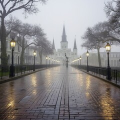illustration of Jackson Square in the French Quarter on a dreary fog, Generative ai