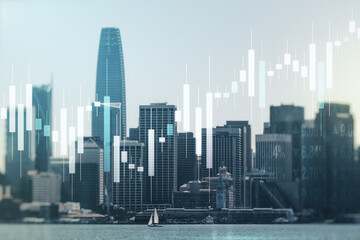 Abstract virtual financial graph hologram on San Francisco skyline background, forex and investment...