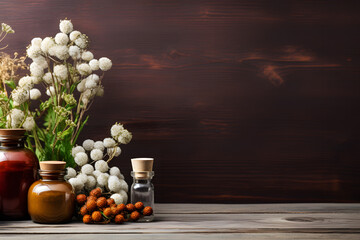 Rustic Table Backdrop with Medicinal Decorations - obrazy, fototapety, plakaty