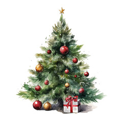 watercolor of Christmas tree with gifts and decorations