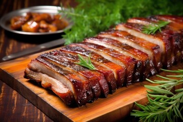 grilled pork belly garnished with herbs