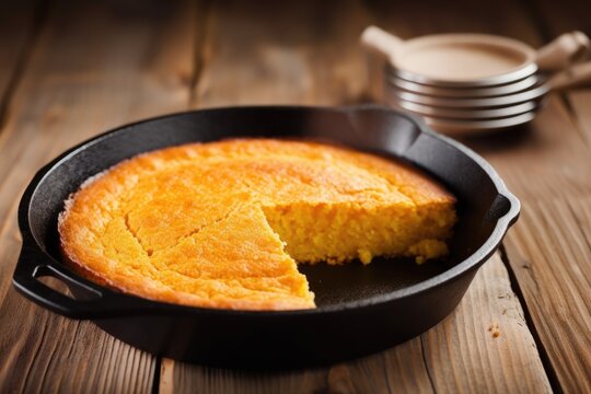 a skillet of bbq cornbread on a wooden table