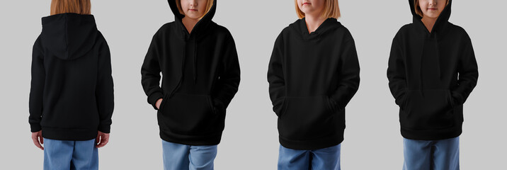 Mockup of a black hoodie with a pocket on a fair-haired girl in jeans, long sleeve presentation,...
