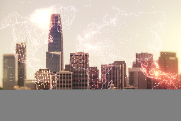 Multi exposure of abstract creative digital world map hologram on San Francisco city skyline...
