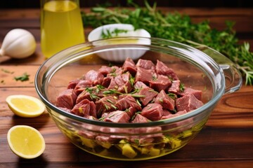 beef skewers ready for marinating in a bowl