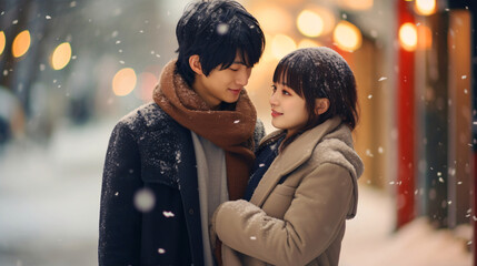 冬のカップル、笑顔の日本人の男性と女性 - obrazy, fototapety, plakaty