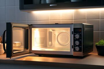 Close up of opened microwave oven in background of modern kitchen. Electrical appliance concept of technology and cooking. - obrazy, fototapety, plakaty