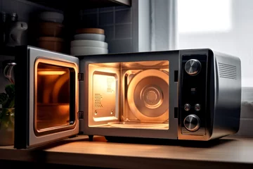 Fotobehang Close up of opened microwave oven in background of modern kitchen. Electrical appliance concept of technology and cooking. © cwa