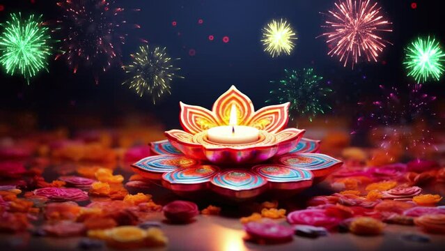 Shubh deepavali traditional background with diya, floral and fireworks