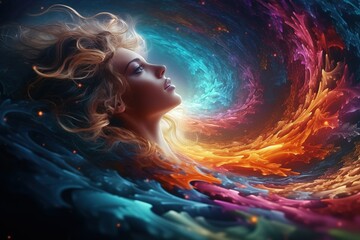 Set against a fantasy backdrop of a girl's face coupled with a galaxy or a beautiful galaxy. Surreal fantasy illustrations