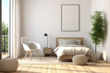 A blank mockup frame positioned above a bed on a white wall in a room, awaiting your personal touches and creativity. Photorealistic illustration