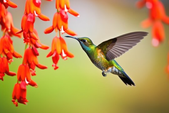 hummingbird sipping nectar from a flower with blurred background
