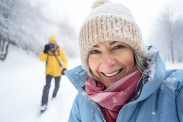 Fototapeta na wymiar smiling mature woman taking a selfie on a snowy winter day