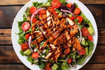 overhead shot of a salad topped with bourbon bbq chicken