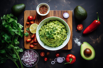 From a top-down perspective, a culinary adventure awaits with fresh ingredients, hinting at the creation of a beloved guacamole.