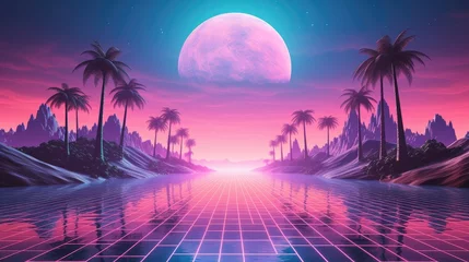 Poster 80s retro futuristic sci-fi., nostalgic 90s. Night and sunset neon colors, cyberpunk vintage illustration. Sun, mountains and palms. Retrowave VJ videogame landscape, Retro Synthwave © Rstm