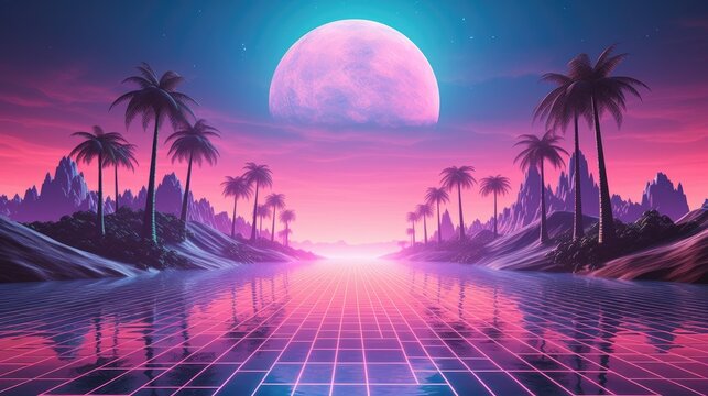 80s retro futuristic sci-fi., nostalgic 90s. Night and sunset neon colors, cyberpunk vintage illustration. Sun, mountains and palms. Retrowave VJ videogame landscape, Retro Synthwave - Powered by Adobe