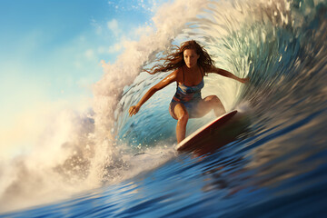 Fototapeta premium Girl surfing a wave in maui, hippie girl, alternative, fun, sport woman, wave surfing, ocean