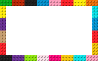 Color frame composed of coloured plastic toy blocks. Colorful brick banner. Abstract vector background - obrazy, fototapety, plakaty