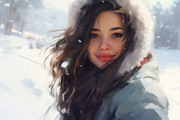 smiling young woman taking a selfie on a snowy winter day