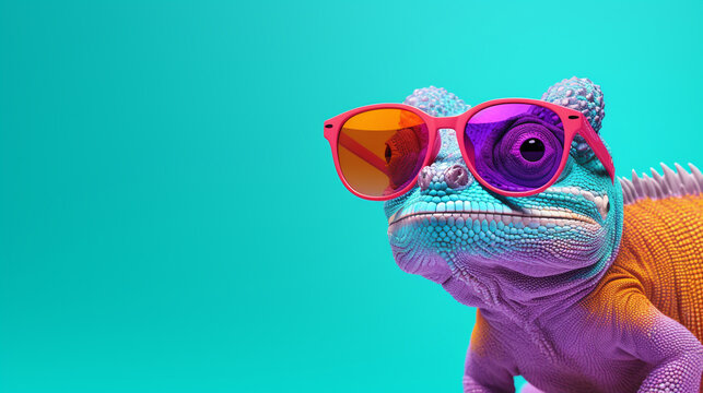 Funny colorful chameleon with sunglasses, isolated on bright colour background