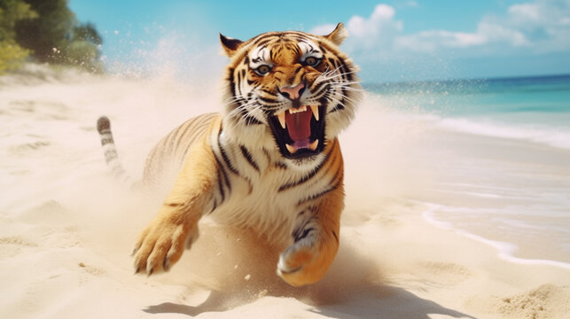 Tiger jump and leaping attack to camera