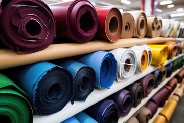 rolls of synthetic leather stacked in workshop - obrazy, fototapety, plakaty
