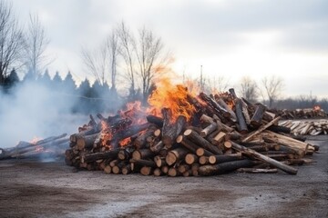 pile of burned firewood with smoke rising