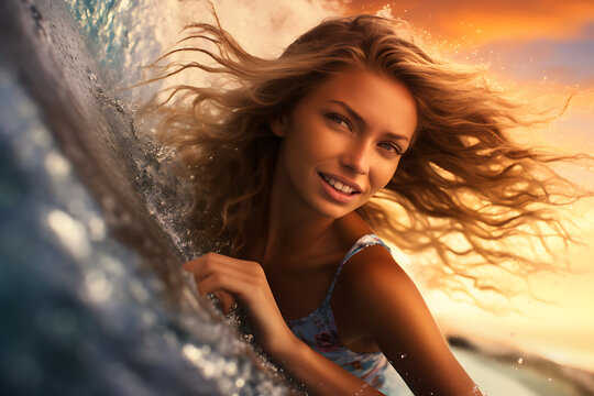 Girl surfing a wave in maui, hippie girl, alternative, fun, sport woman, wave surfing, ocean