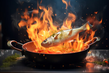 illustration of whole fish of carp on frying pan in levitation, frying over flame grill - obrazy, fototapety, plakaty