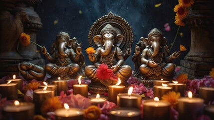 Hindu God Ganesha with burning candles and flowers in the background Generative AI - obrazy, fototapety, plakaty