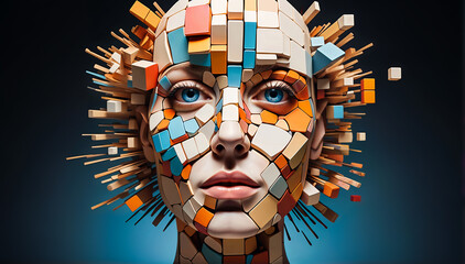 Woman with a Multicolored Fragmented Face: A Cubist Portrait. - obrazy, fototapety, plakaty