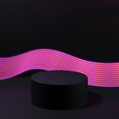 Abstract one black round podium for cosmetic products with glowing neon pink purple light stripe in...