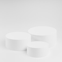 Abstract white stage with three round podiums as mockup. Template for presentation cosmetic products, goods, advertising, design, sale, text, display, showing in modern style.