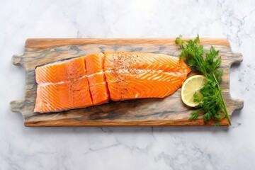 top view of smoked salmon on cedar plank on marble table