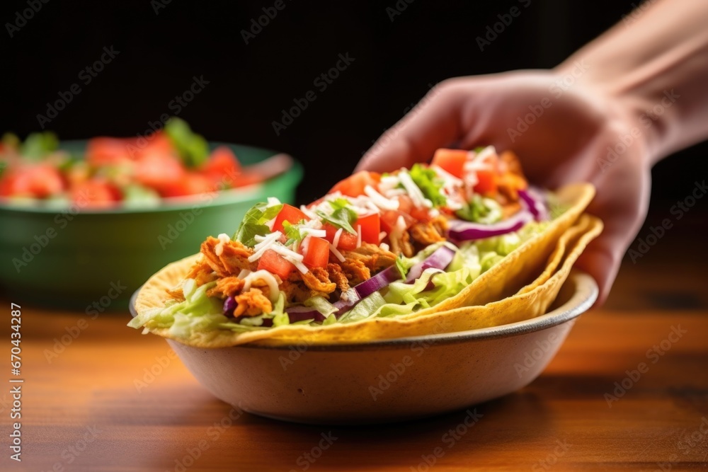 Sticker hand placing a hot chalupa into a tortilla bowl